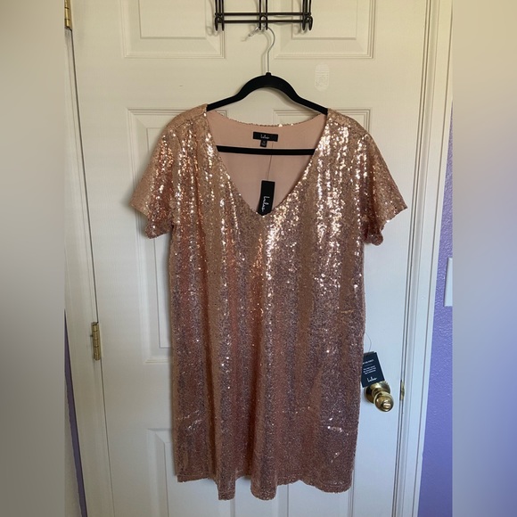 Lulus Light Up the Night Champagne Sequin Shift Dress, Size 1X - Picture 4 of 4